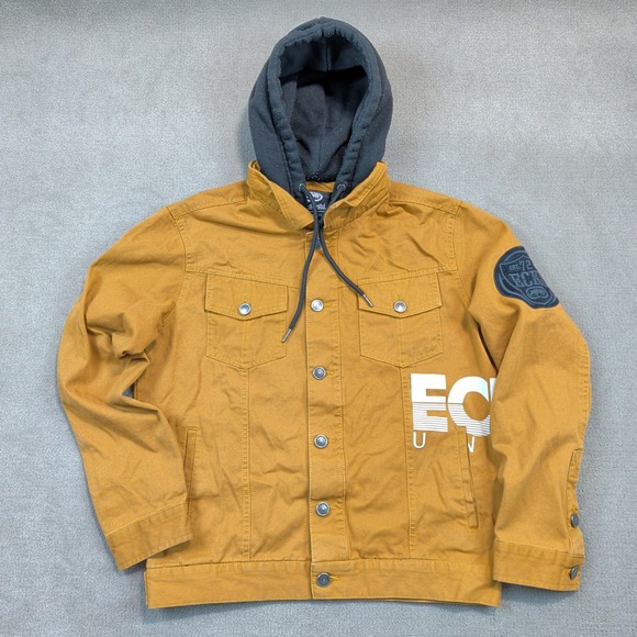 Ecko Unltd Size S Mens Mustard Yellow Hooded Canvas Trucker Jacket Graphic Logo — photo 2